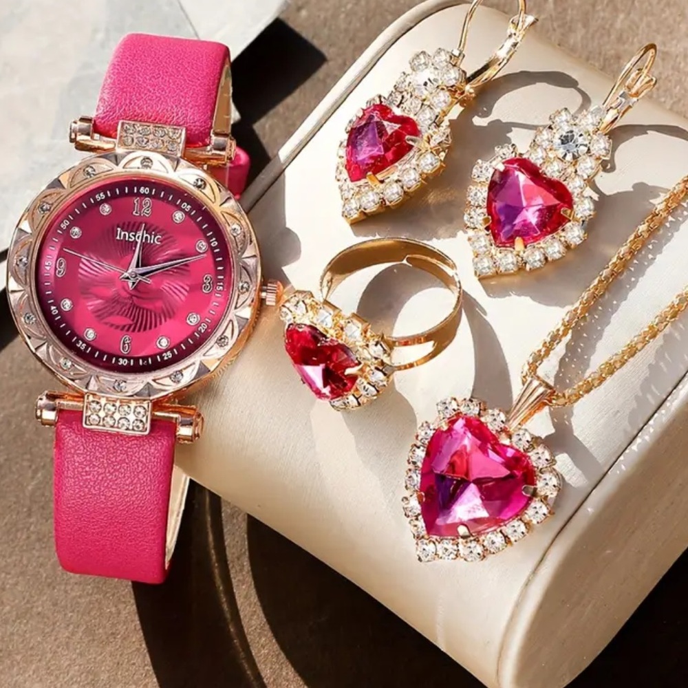 5pcs Rhinestone Rose Red Quartz Watch W/Exquisite Love Jewelry Set